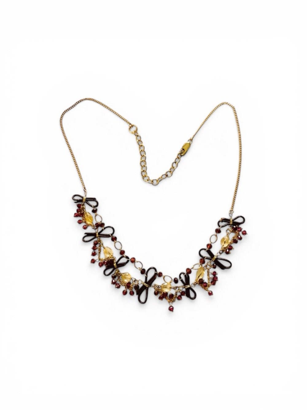 Vintage Gold Garnett Crystal and Maroon Bow Necklace